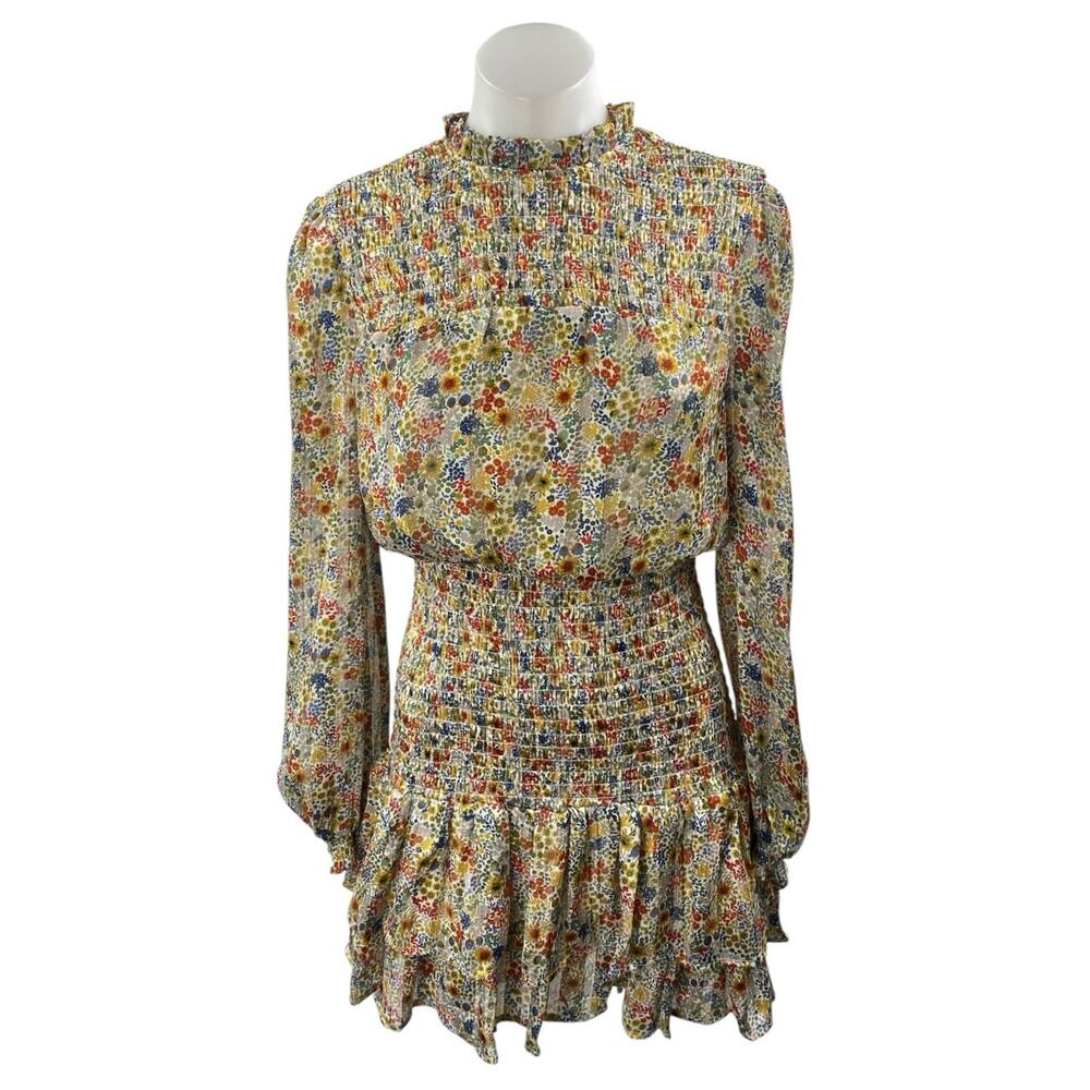 Aqua Multicolor Floral Smocked Tiered Ruffle Long Sleeve Mini A-line Dress Sz XS